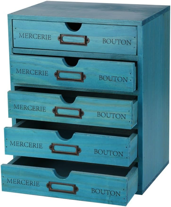Wooden Storage Box with 5 Drawers - Vintage Apothecary Drawers, Wood Desktop Organizer, Blue