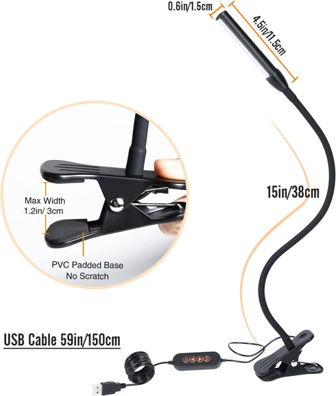 Clip on Reading Light, Clip Light with Warm & Daylight & White Light, 3 Colors, Eye-Care Clamp Lamp with 10 Modes
