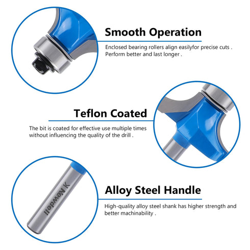 Newdeli 5pcs Roundover Router Bit Set, 1/4 inch Shank, Bearing Guide for Rounding Edge Bits with 1/2" to 1/4" Router