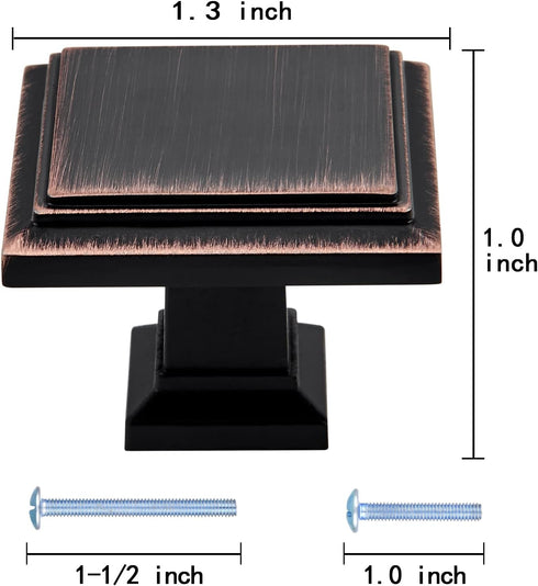 Square Knobs - 10 Pack / 1.3 Inch, Oil Rubbed Bronze Cabinet Pulls Vintage for Furniture Knobs, Kitchen Knobs, Farmhouse Knobs and Drawer Pulls, Bathroom Vanity Hardware