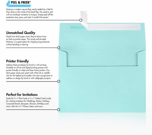 LUXPAPER A7 Invitation Envelopes, 50 Pack, Seafoam, for 5 x 7 Cards, with Peel and Press Seal
