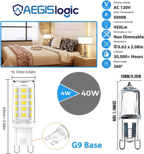G9 Bulb 4W, 40W 450LM, 360 Non-dimmable, 5000K 120V, (6 Pack) LED Halogen Equivalent, Beam Angle Energy Saving, Cool