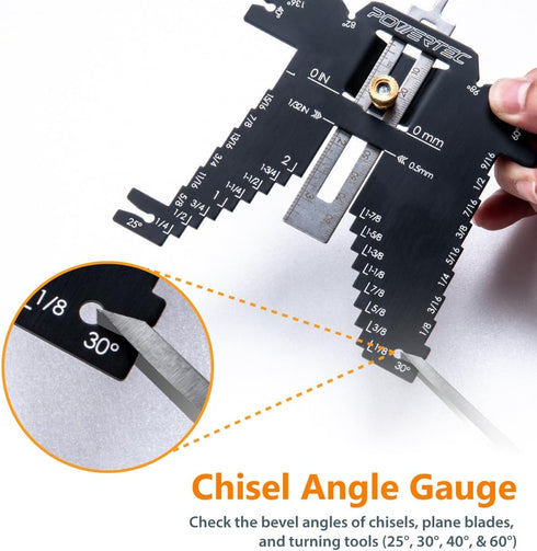 5-in-1 Setting (80023) POWERTEC Universal Step Depth Gauge for Measuring Chisel Angles, Drill Points, and Router Bit