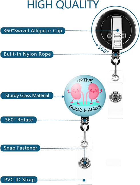 Kidney Badge Reel Urine Good Hands Holder - Retractable Nursing ID Badge Reel with Alligator Clip for Girls, Women