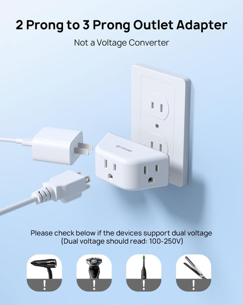 TROND 2 Pack 2 Prong to 3 Prong Outlet Adapter, 3-Way Outlet Splitter for Non-Grounded Outlets, White