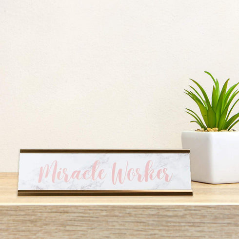Miracle Worker Faux Marble Desk Plate - 2" x 8" Funny Office Desk Sign Nameplate/Rose Gold Cubicle Décor