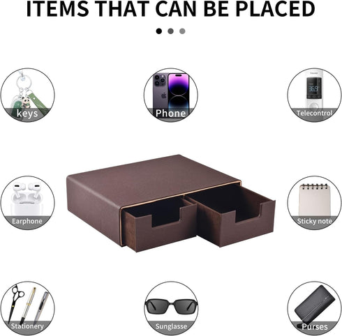 Linen Leather Desk Organizer with Drawers - Mini Stackable Desktop Storage Box for Office Supplies, Home Vanity (Brown)