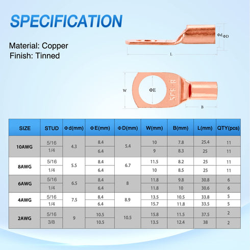 Nilight 150PCS Copper Wire Lugs and Heat Shrink Tubing - 2 4 6 8 10 AWG Heavy Duty Battery Terminal Crimp Connectors