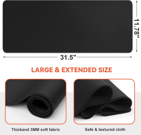 Black Gaming Mouse Pad - Large 31.5 x 11.8 in Computer Pad with Anti-Slip Rubber Base and Stitched Edges