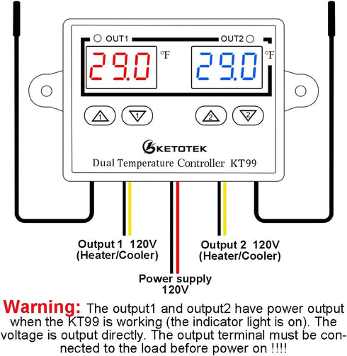 Digital Dual Temperature Controller 120V, Fahrenheit Thermostat 10A with 2 Waterproof Probes, Heating Cooling Switch