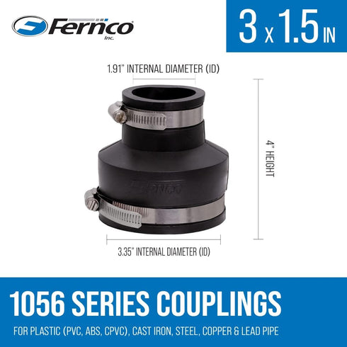 Fernco 2-Pack 1056-315 3" x 1-1/2" Flexible PVC Reducing Pipe Coupling for Cast Iron and Plastic Plumbing