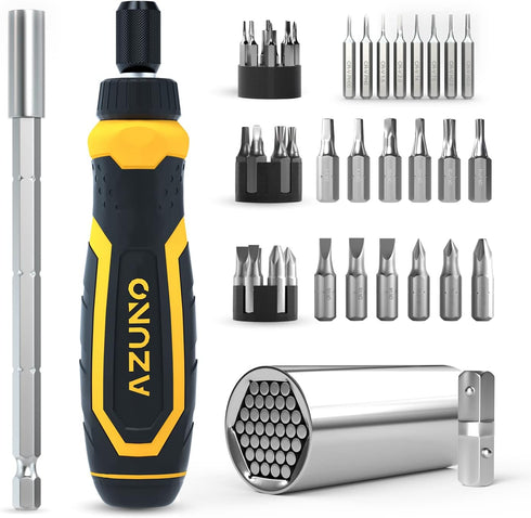 AZUNO 24 IN 1 Ratchet Screwdriver Set - Universal Socket, 20 CRV Bits Stored in Handle, Precision Bits