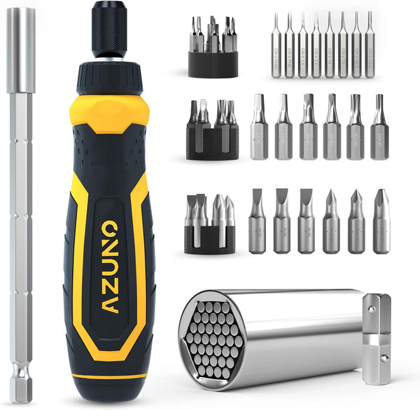 AZUNO 24 IN 1 Ratchet Screwdriver Set - Universal Socket, 20 CRV Bits Stored in Handle, Precision Bits