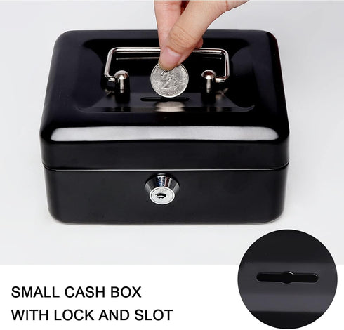 Jssmst Small Lock Cash Box with Money Tray, Metal Lock Box for Kids, Black, 5.91 x 4.72 x 2.95 inches