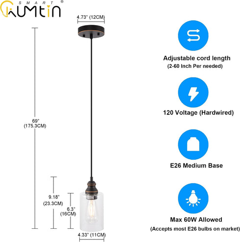 1-Pack Pendant Light Fixture, Adjustable Hanging Ceiling Lights, Anti-Rust Metal Hanging Light Fixtures with Clear