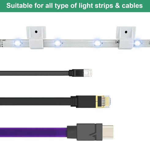 8-10mm (100 Pack) Mounting Clips for Permanent Outdoor Lights, LED Strip Lights with Self-Adhesive Tape + Screws, Ideal