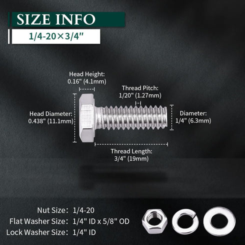 1/4-20 x 3/4" Stainless Steel Hex Bolts Screws with Nuts and Washers, 304 SS 18-8, 10 Sets