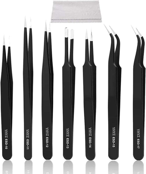 YHYZ 7pcs Precision Tweezers Set, Premium Anti-Static Stainless Steel ESD Tweezers Kit for Electronics, Jewelry, DIY