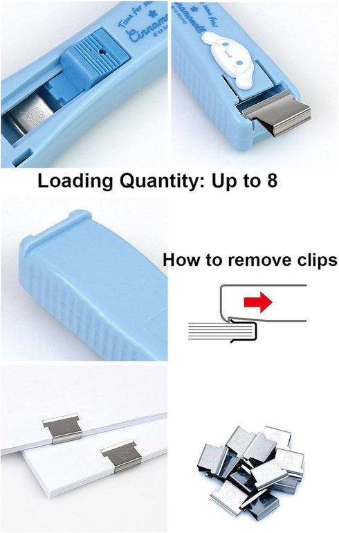 Clamp Clip Dispenser Stapler, Cute Animal Faced, Portable Handheld Paper Dispenser with 3 Metal Refill Clips - Blue and