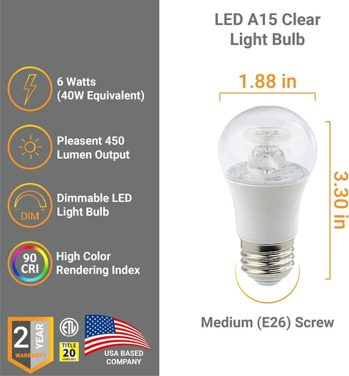 A15 Bulb 6W (40W 450 3000K E26 Dimmable Diodesy- LED Appliance Clear Light Equivalent) Lumens Soft White Medium Base