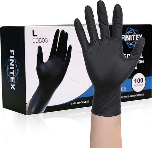 FINITEX Black Nitrile Disposable Medical Exam Gloves - 100/1000 PCS, 6mil, Powder-Free, Latex-Free