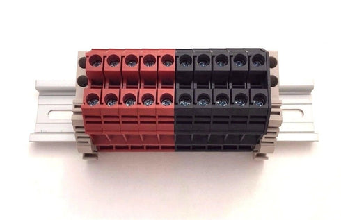 Dinkle DK6N Red/Black 10 Gang Box Connector DIN Rail Terminal Blocks, 8-20 AWG, 50 Amp, 600 Volt Circuits Separate