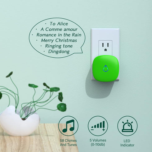 SECRUI Wireless Doorbells for Home, Classrooms, Apartments, Businesses, etc. Easy to Use, Adjustable Volume, 58 Chimes, Colorful LED, Waterproof, 1000Ft Range, M520+F55, Green