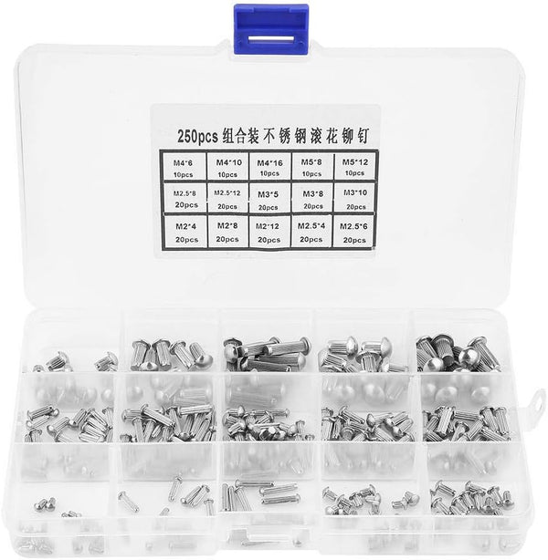 250pcs Round Head Solid Rivets, Knurled Shanks M2 M3 M4 M5 Stainless Steel Fasteners Assortment Kit