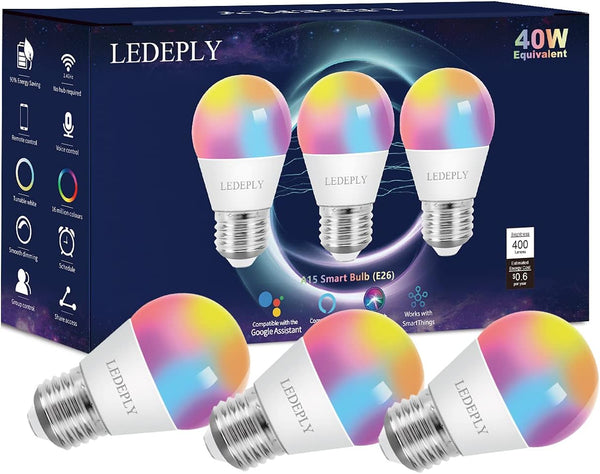 A15 LED Smart Bulb, Color Changing, Dimmable, Compatible with Alexa & Google Home, E26, 5W=40W, 3 Pack