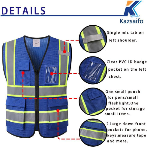 Reflective Safety Vest for Men Women, High Visibility Mesh Vest with 5 Pockets and Zipper Front, Meets ANSI/ISEA