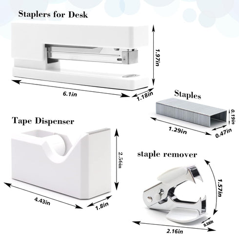 Shellvcase White Office Supplies Set - Stapler, Tape Dispenser, Staple Remover, Staples, Clips, Scissors, and Pens for