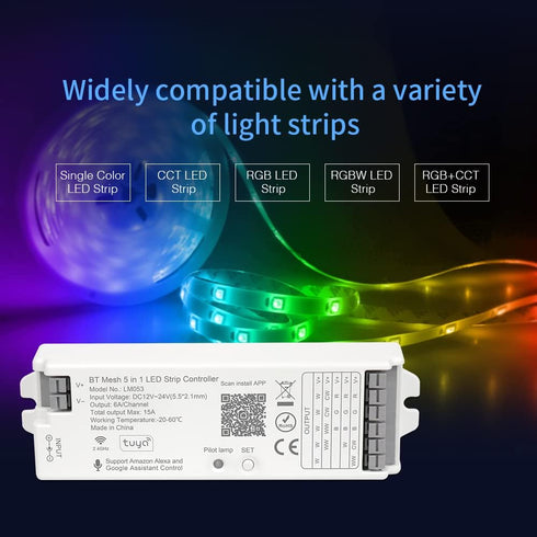 5in1 LM053 Bluetooth Mesh PWM LED Controller, SmartLife TuyaSmart APP Control for Dimming RGB LED Strip