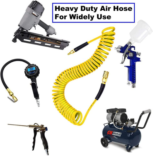 YOTOO Polyurethane Recoil Air Hose: 1/4" Inner Diameter by 10' Long with Bend Restrictor and Quick Coupler.