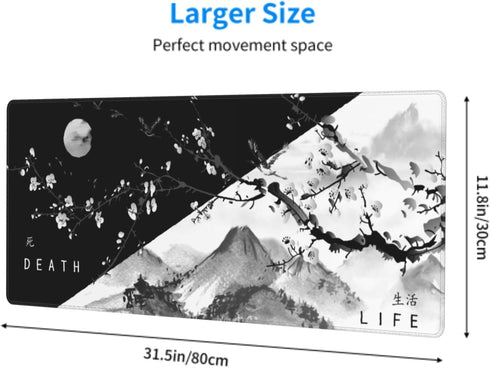 Black White Japanese Cherry Blossom Gaming Mouse Pad, 31.5 X 11.8 Inch XL Pink Cool Design Big Mousepad for Home Office