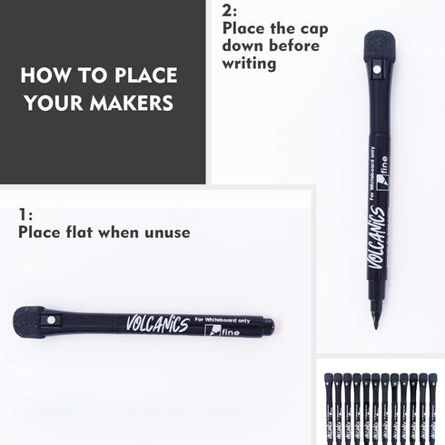 Volcanics Magnetic Dry Erase Markers with Eraser, Low Odor Fine Tip Whiteboard Pens Pack of 12, Black