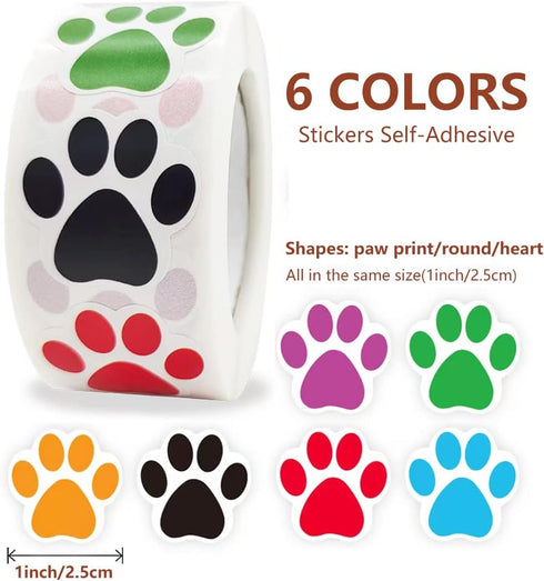 TuNan 4 2000pcs, 1 Inch Packaging Rolls Heart/Round/Paw Prints Stickers Self-Adhesive, Colorful Dogs Paw Circle Labels