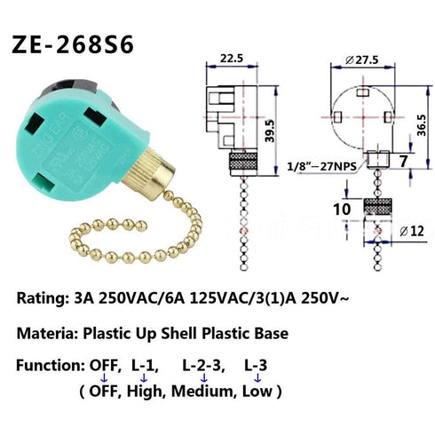 Ceiling Fans Switch Zing Ear ZE-268S6 - 3 Speed 4 Wire Pull Chain Cord Appliances Switch Speed Control Replacement