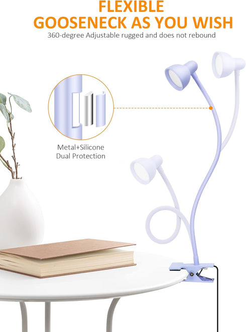 Clip on Lamp USB Reading Light, 3 Color Modes, 10 Brightness Dimmable, Flexible Gooseneck Desk Lamp for Home