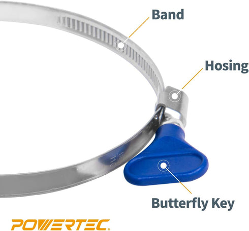 POWERTEC 70127 2-1/2 Inch Key Hose Clamp, Thumb Screw Key Adjustable Stainless Steel Hose Clamps for Dust Collection