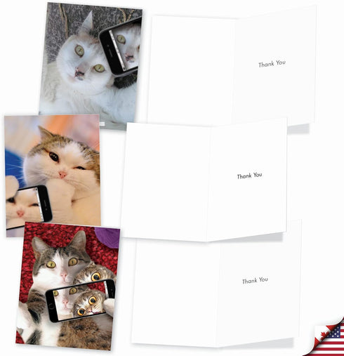 The Best Card Company 10 Assorted Thank You Notecards Bulk Box Set (4 x 5.12 Inch, 10 Designs, 1 Each) Cats Selfie
