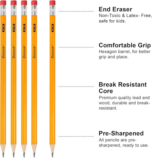 Doccuk Premium Yellow Pre-Sharpened Bulk #2 Pencils with Erasers, 150 Count for Classrooms and Offices
