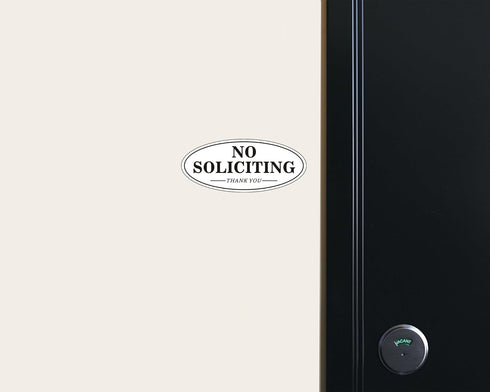 Self-adhesive No Soliciting Sign for House Door, 7" x 3" Metal Signs, Durable UV, Easy Mounting, Oval Design, 2 Pack
