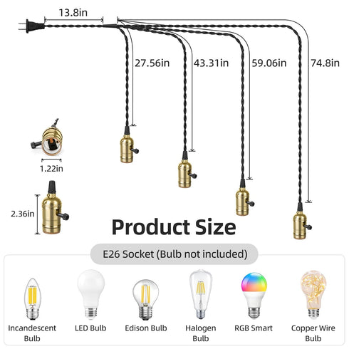 1-to-4 E26/E27 Vintage Plug-in Pendant Light Kit with Hanging Sockets, Industrial Hanging Light with Individual Rotary