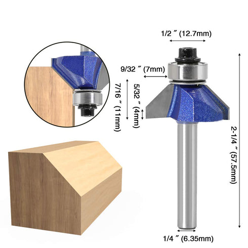 Yakamoz Industrial Grade 4Pcs Router Bit Set, 1/4 Inch Shank 45 Degree Chamfer with Top Bearing for Woodworking