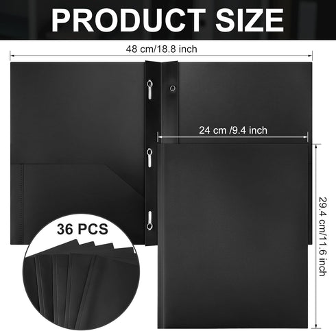 Cholemy 36 Pcs Plastic Pocket Folders, Heavy Duty with 2 Pockets and 3 Prongs, Letter Size Bulk File Folders (Black)
