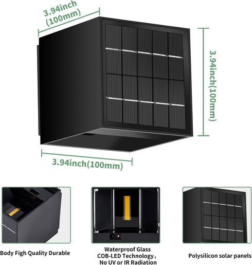 10W,IP65 3000K Solar Powered Motion Sensor Square Outdoor Wall Lights,Black Modern Up and Down Wall Lamps Waterproof