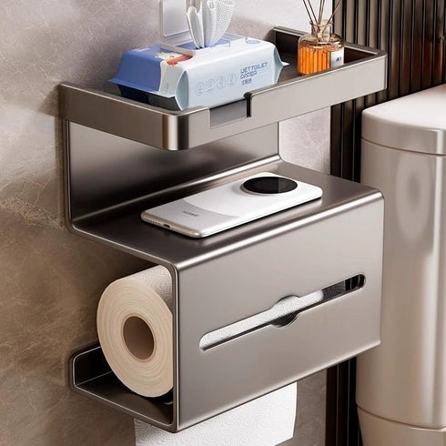 No Drill Toilet Paper Holder with Phone Shelf,Tissue Holder for Bathroom RVHome,Guest Toilet,Wall Mounted Toilet Paper