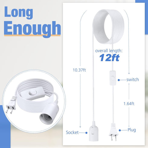 12ft E26 E27 Bulb Light(White,4 Coume Extension Hanging Lantern Cord Cable Extension Light Hanging Lantern Pendant Lamp