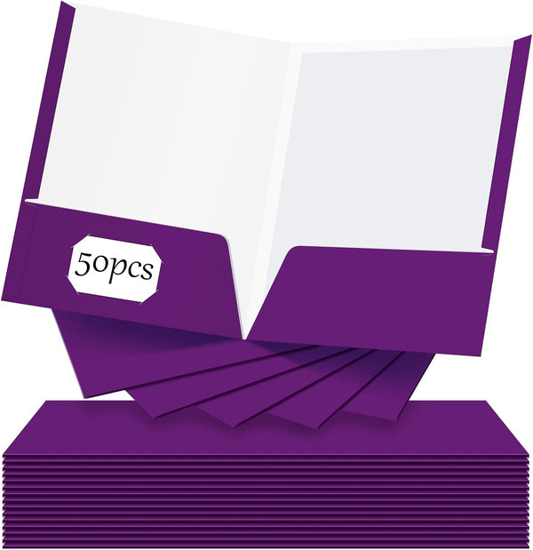 Jutom 50 Pcs Glossy Laminated Paper Folders, 2 Pocket Presentation Portfolios (Purple)