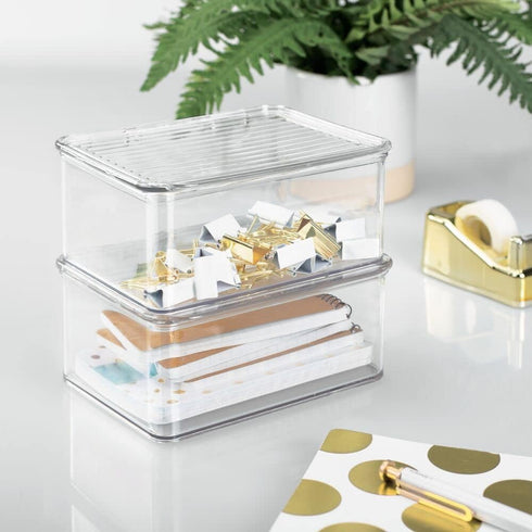 mDesign Small Plastic Home Office Storage Organizer Box Containers w/Hinged Lid for Desktops - Holds Pens, Pencils, Sticky Notes, Highlighters, Staples, Supplies - Lumiere Collection, Clear by mDesign
